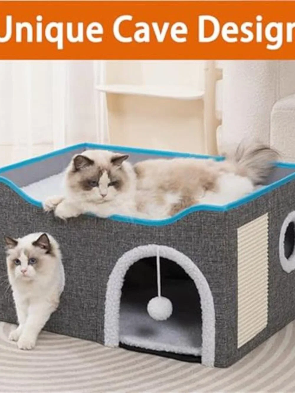 Cat House for Indoor Cats Large Cat Bed Condo Cave with Scratch Pad Fluffy Ball